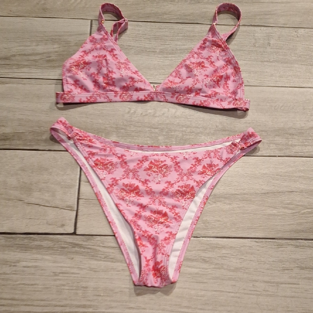 SHEIN Pink Floral Print Triangle Bikini Set